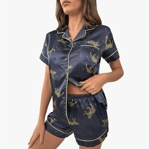 Women's Navy Satin Pajama Set with Gold Accents